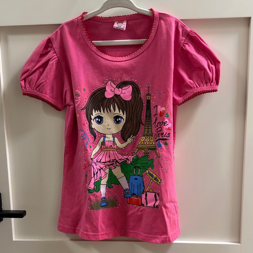 Charming Pink Kids Tee with Parisian Cartoon Design